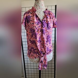 NWT AdrienneVittadini-Floral Tie-Front Short Sleeve Blouse - Purple/Pink Size S